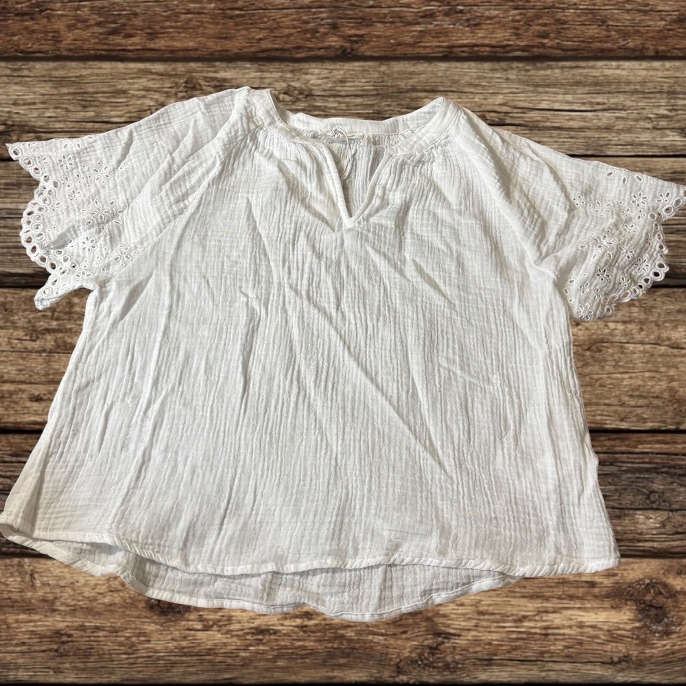 Beachlunchlounge Dessa White Cotton Gauze Eyelet Short Sleeve Top Cottagecore S - Picture 7 of 13